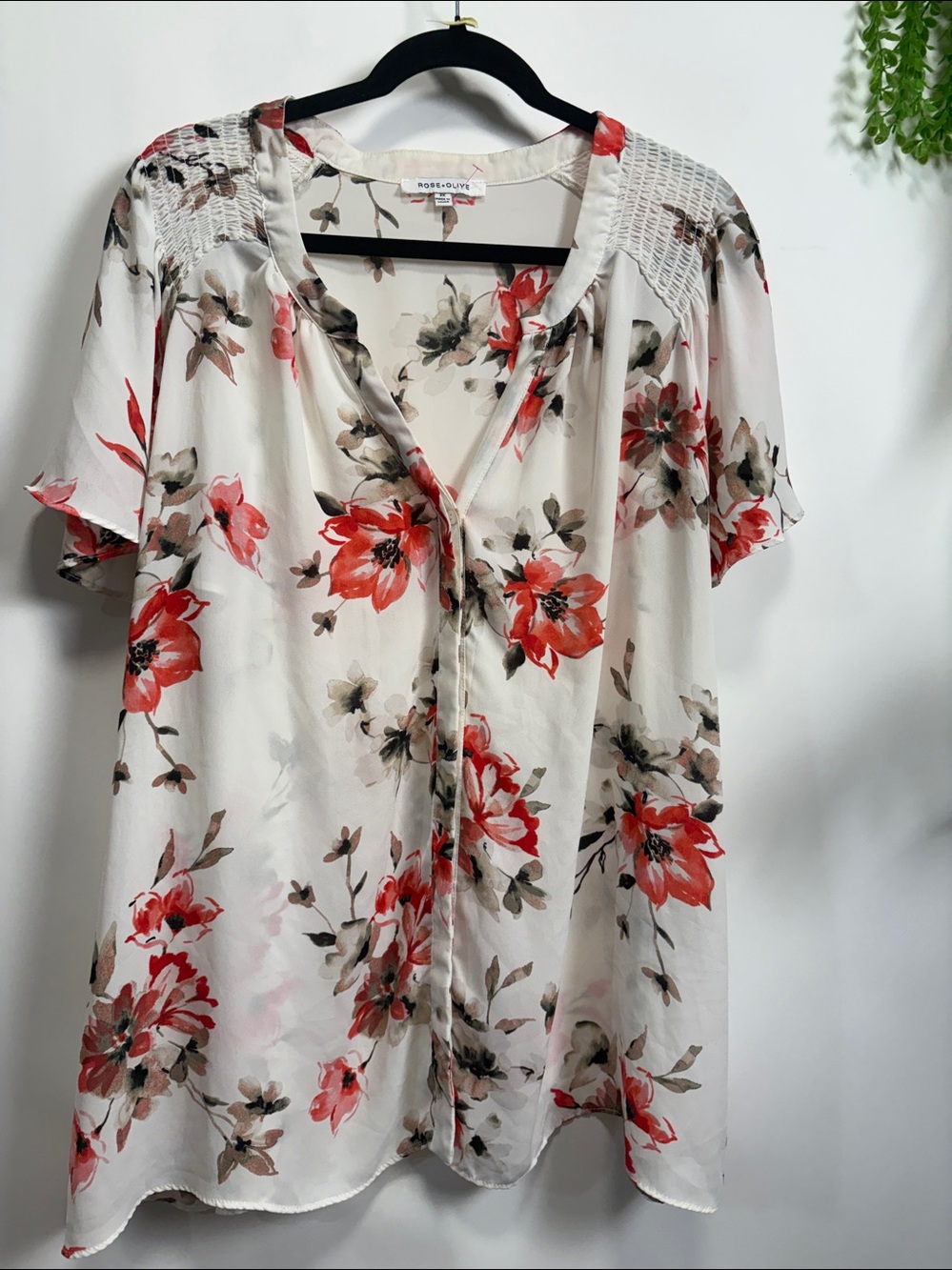 Rose & Olive Cream Blouse with Red Floral Print